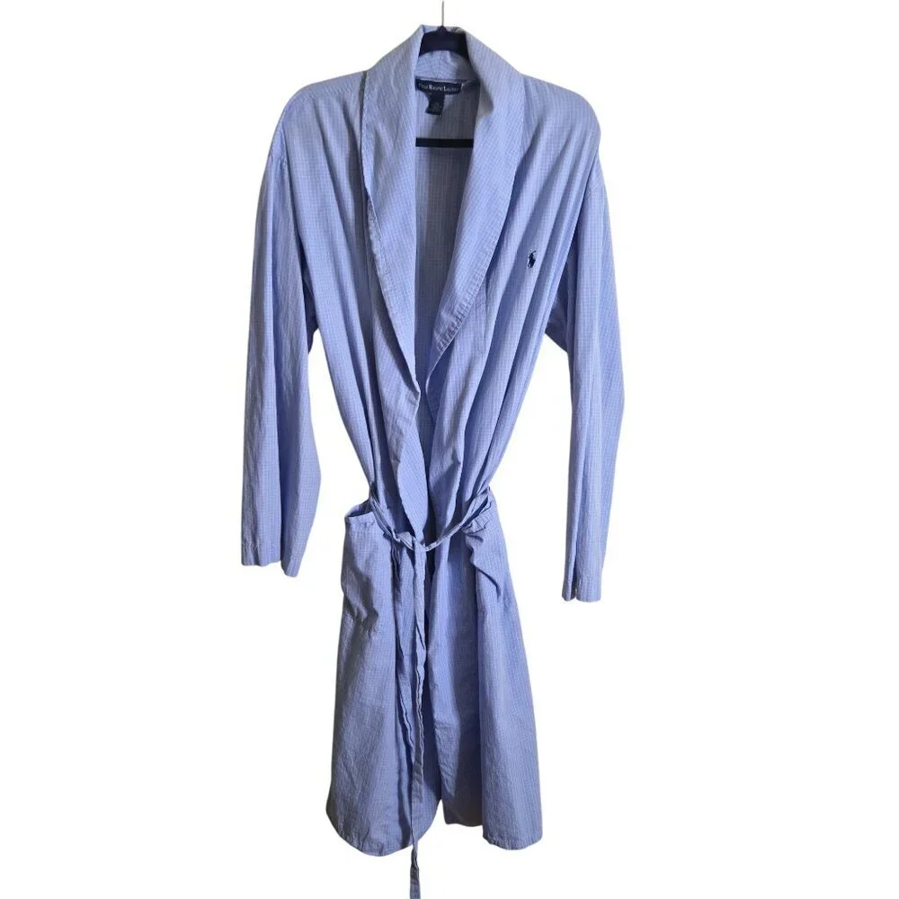 Polo Ralph Lauren Blue Checkered 100% Cotton Shawl Collar Robe Pockets Size S/M